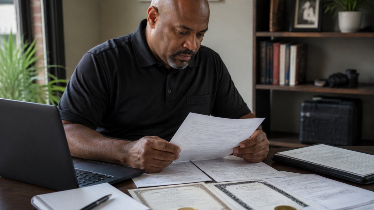Professional home inspector reviewing certified master inspector qualifications and documents at a desk