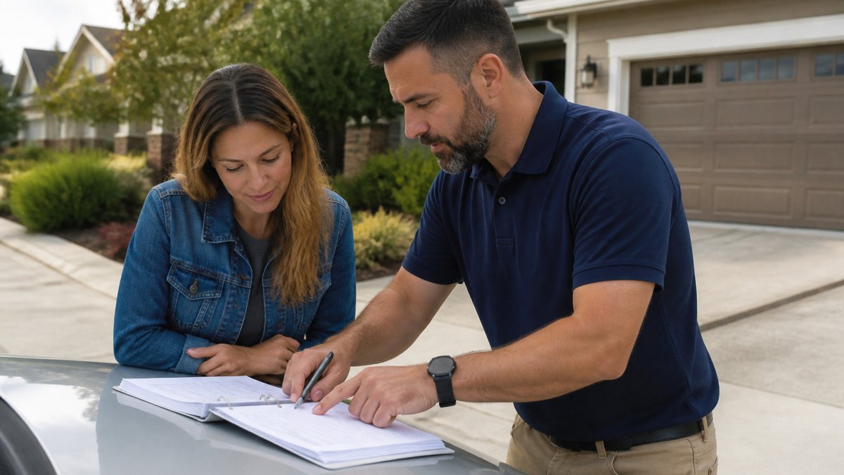 Homebuyer and inspector reviewing a report from home inspection firms on a car hood