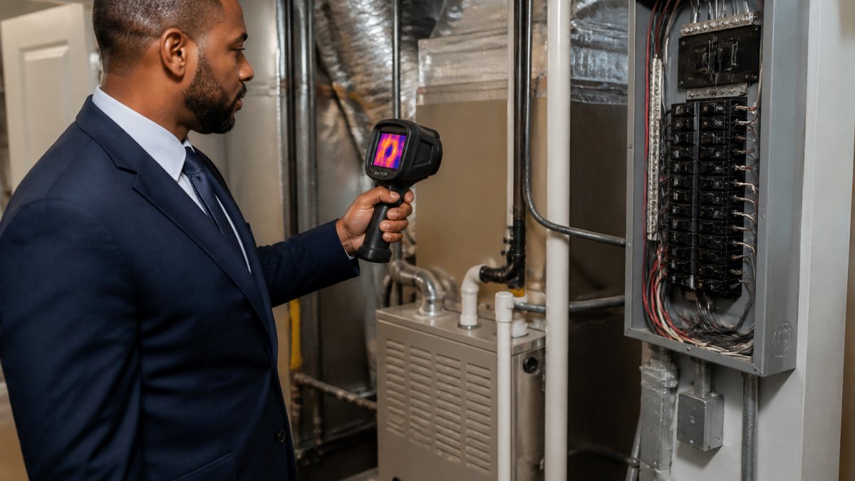 Professional inspector using a thermal camera on complex HVAC and electrical systems while hiring inspector for luxury homes.