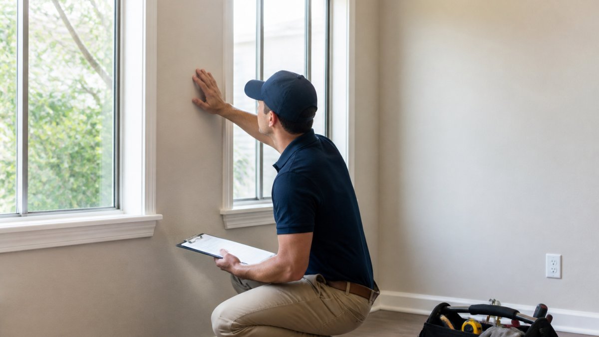 Professional inspector using tools to inspect multi-unit residential buildings by checking apartment walls