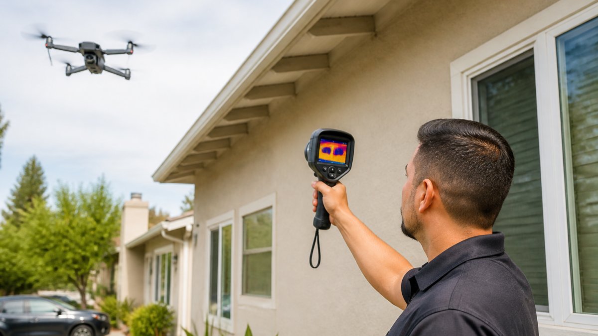 Certified inspector using thermal imaging and a drone for a same day home inspection report on a residential house.