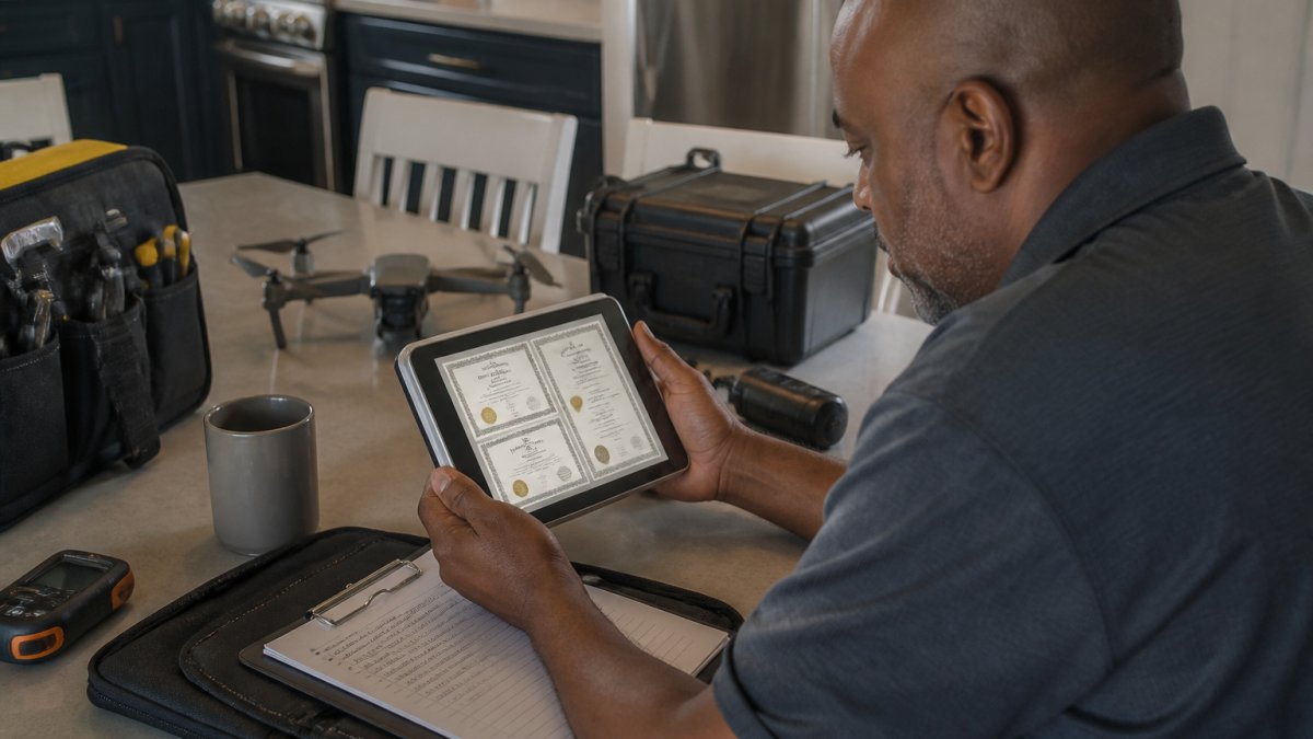 Professional home inspector reviewing digital home inspector credentials on a tablet during a property assessment